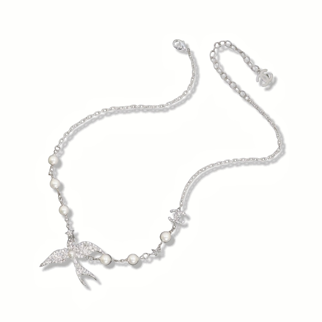 CCN067 Chanel White gold crystal flying bird pearl choker necklace - ccjewelryacc