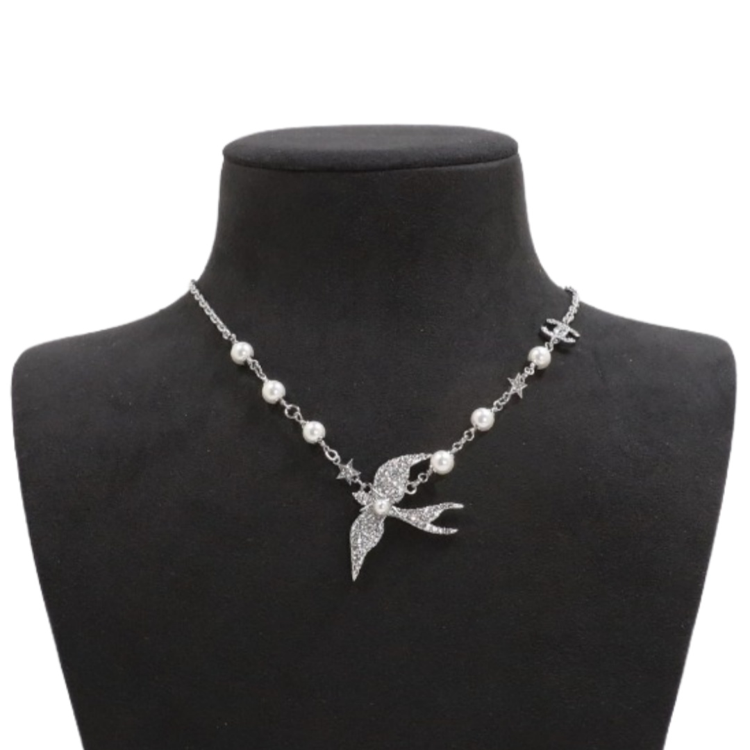 CCN067 Chanel White gold crystal flying bird pearl choker necklace - ccjewelryacc