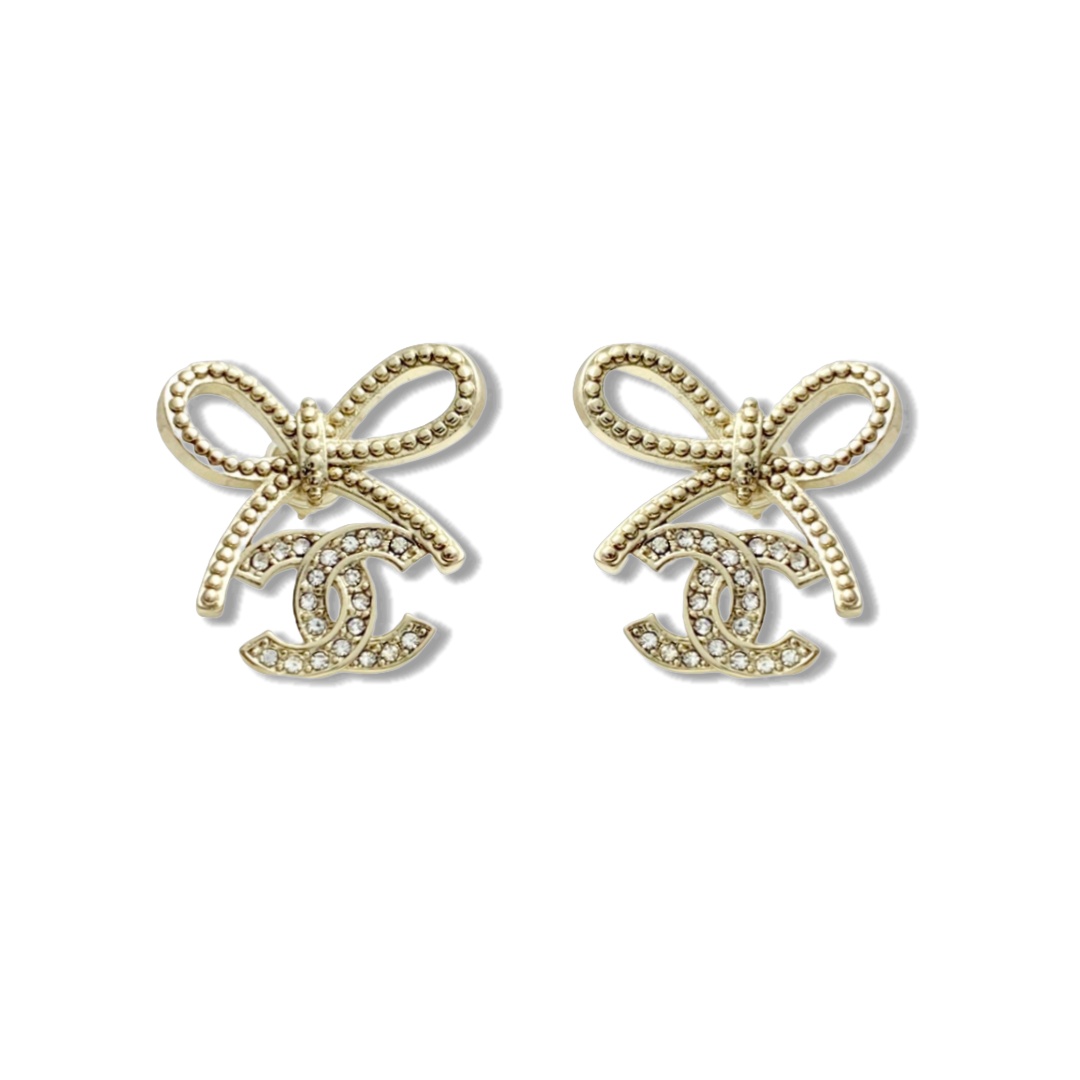 CCE652 Chanel chain bow with crystal cc logo dangle earrings - ccjewelryacc