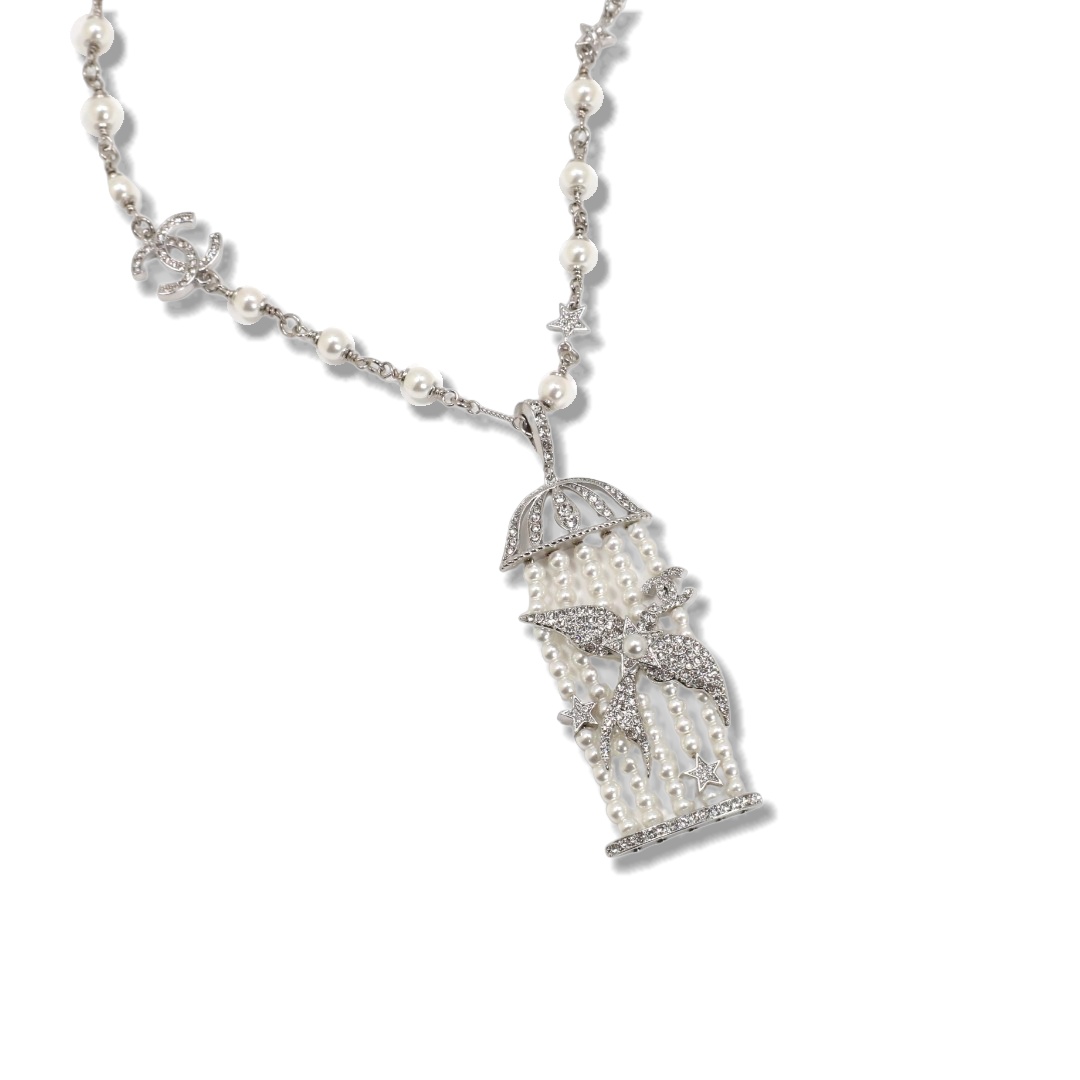 CCN068 Chanel white gold pearl chain flying bird pendant necklace - ccjewelryacc