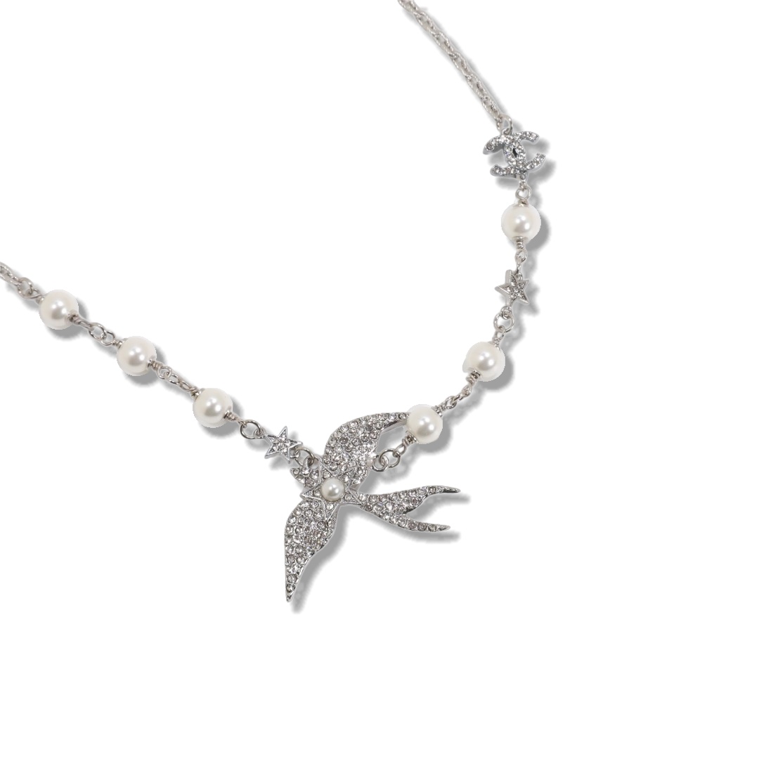 CCN067 Chanel White gold crystal flying bird pearl choker necklace - ccjewelryacc