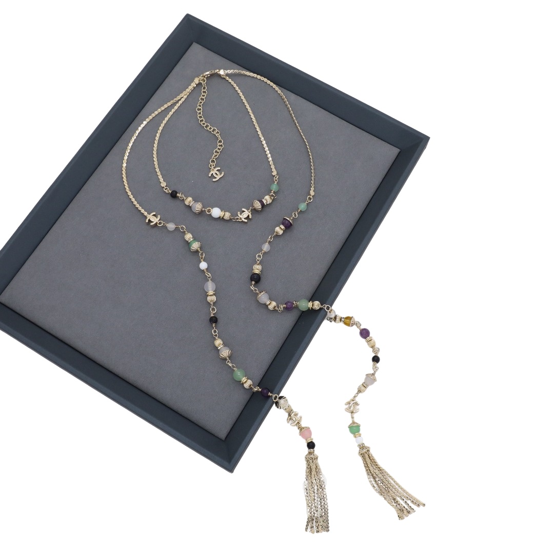 CCN216 Chanel color glass beads tassels necklace - ccjewelryacc