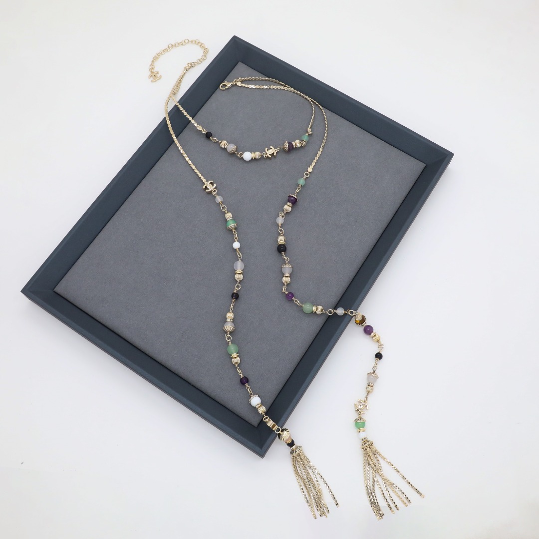 CCN216 Chanel color glass beads tassels necklace - ccjewelryacc