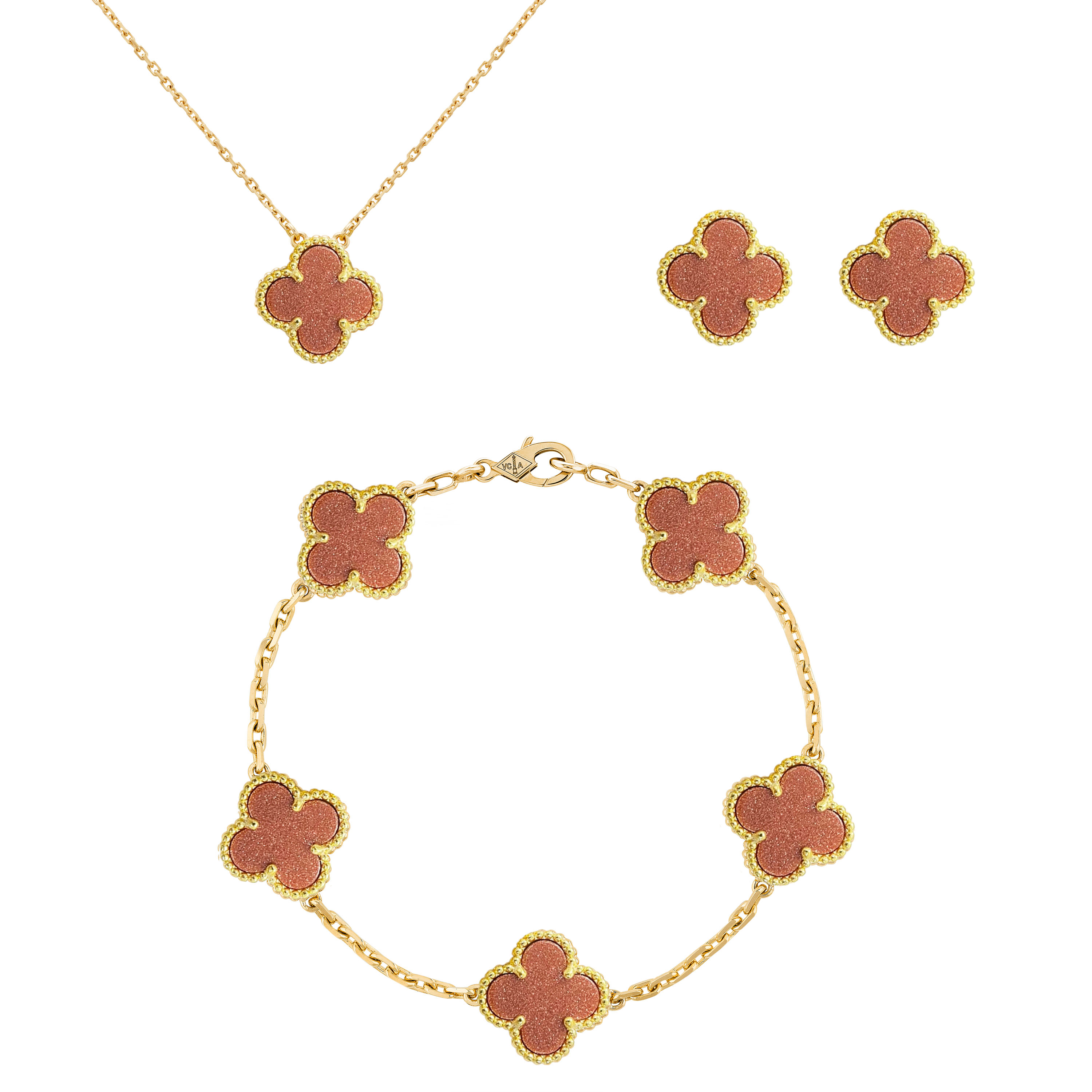 VCT025 VCA Red aventurine Stones Vintage Alhambra Pendant bracelet earring clip jewelry set - ccjewelryacc