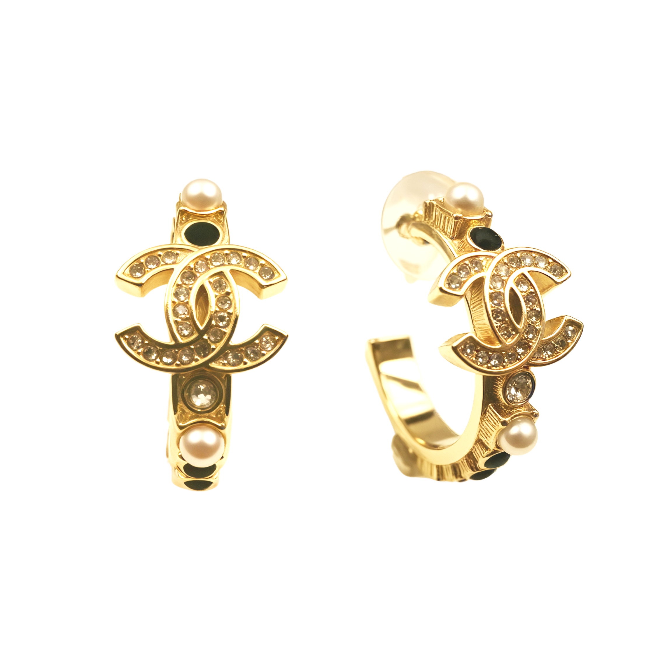 CCE515 Rhinestone and black stone cc logo hook earrings - ccjewelryacc