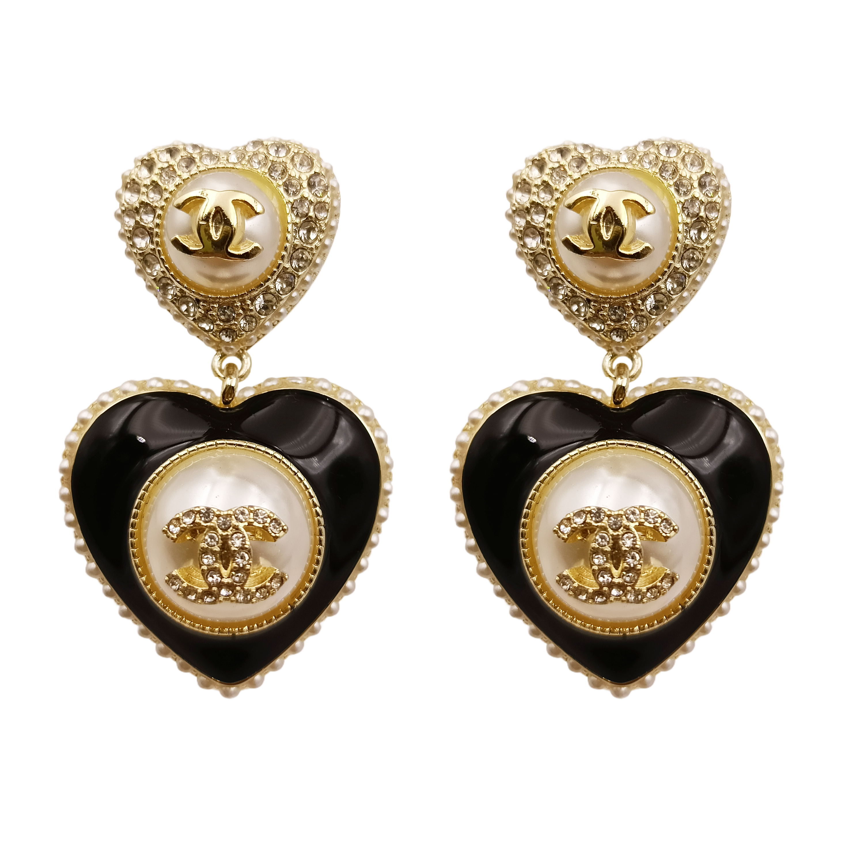 CCE005 Chanel Crystal and pearls cc and heart drop earring - ccjewelryacc