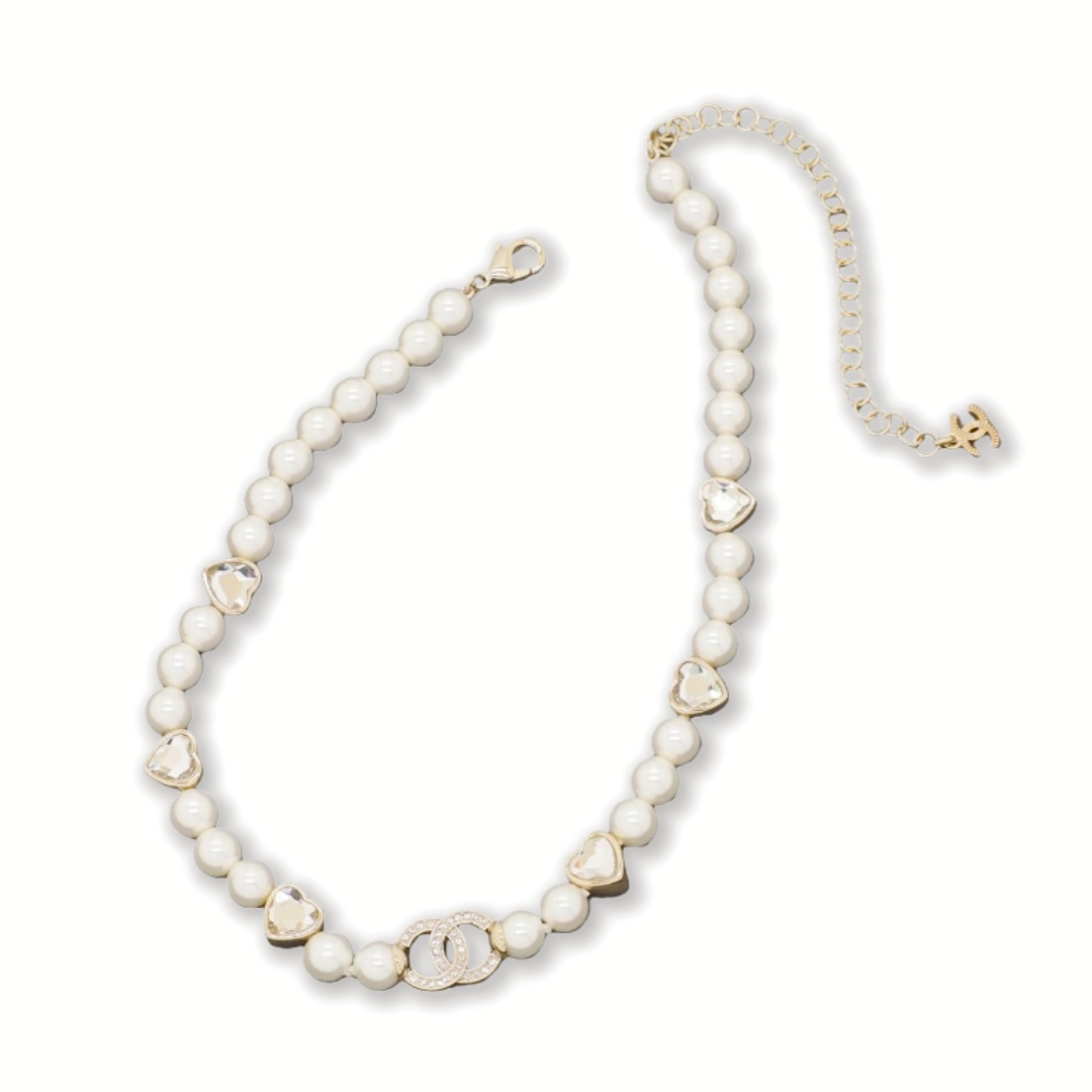 CCN037 Chanel heart crystal charm pearl choker necklace - ccjewelryacc