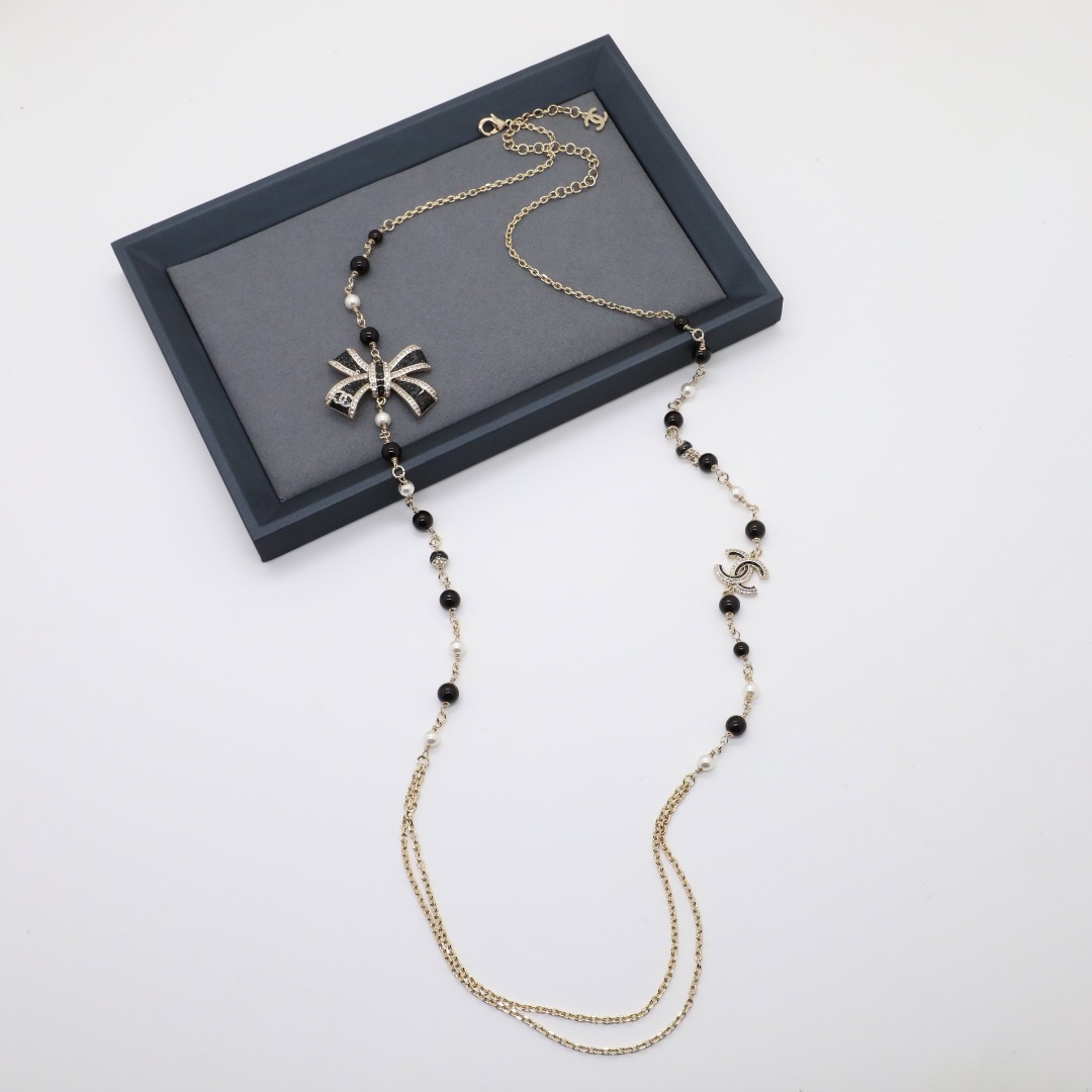 CCL103 Chanel Black chain with pink enamel bow charms long sweater necklace for women - ccjewelryacc
