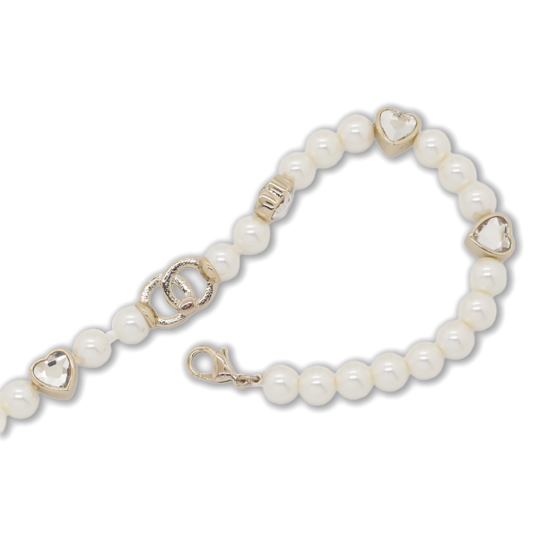 CCN037 Chanel heart crystal charm pearl choker necklace - ccjewelryacc