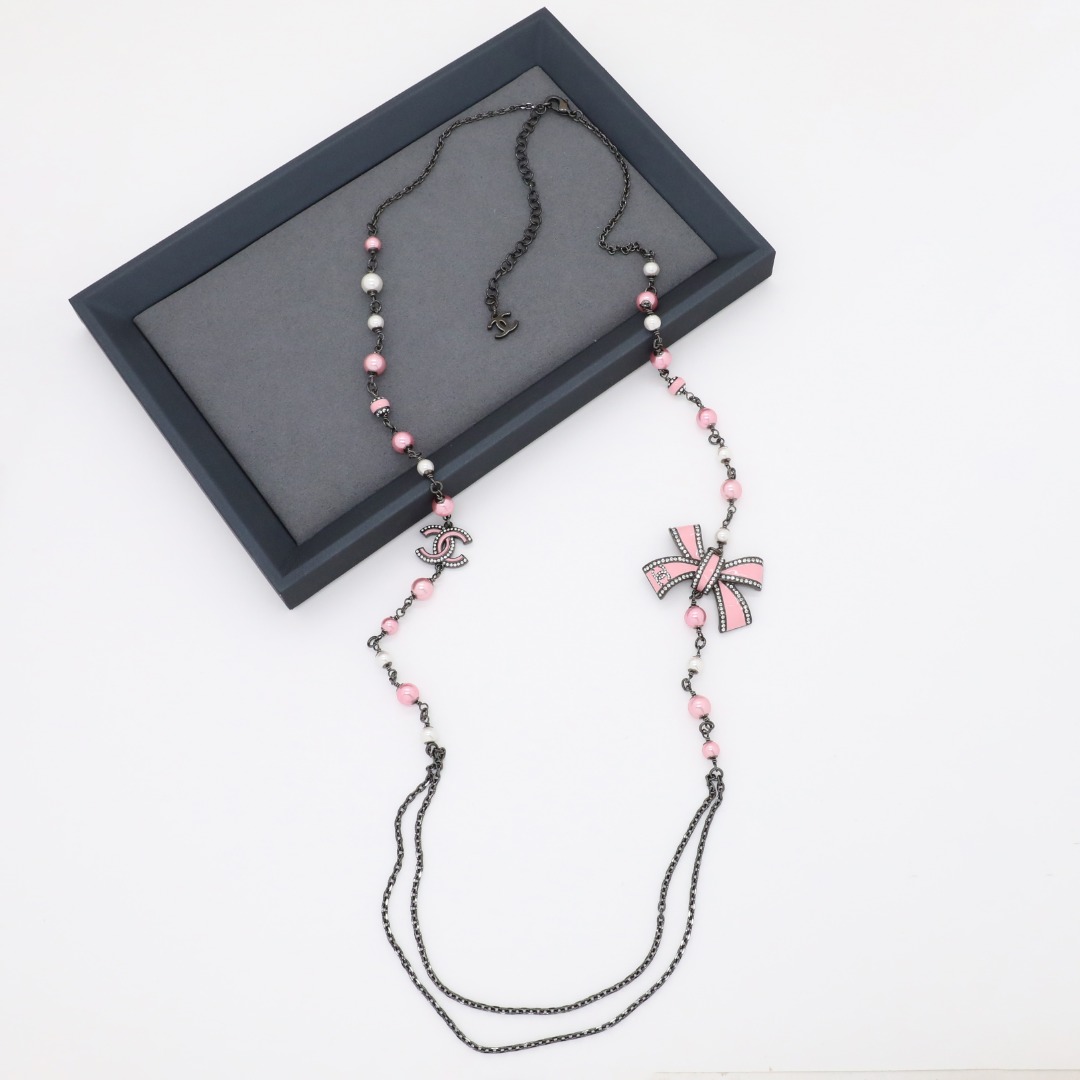 CCL103 Chanel Black chain with pink enamel bow charms long sweater necklace for women - ccjewelryacc