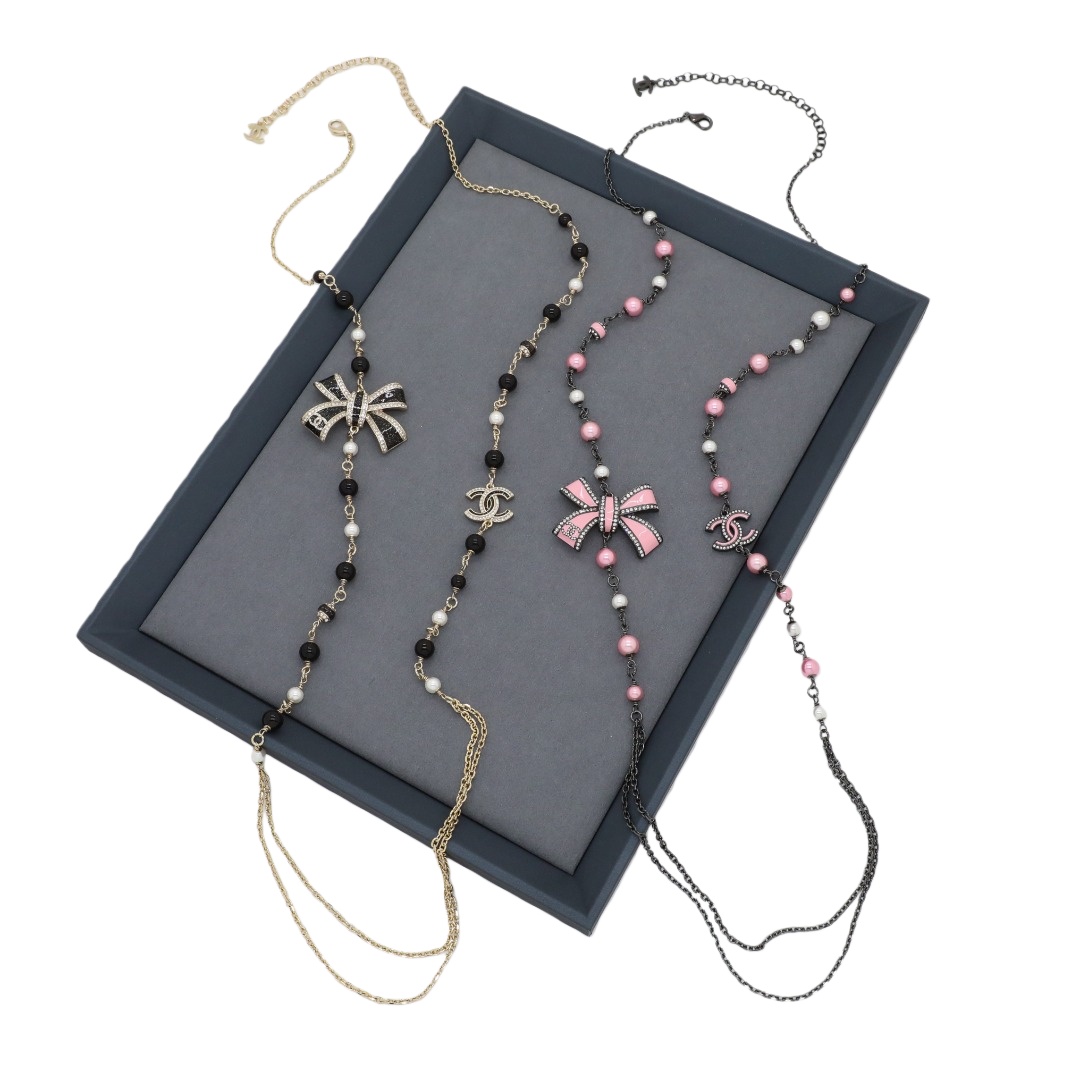 CCL103 Chanel Black chain with pink enamel bow charms long sweater necklace for women - ccjewelryacc