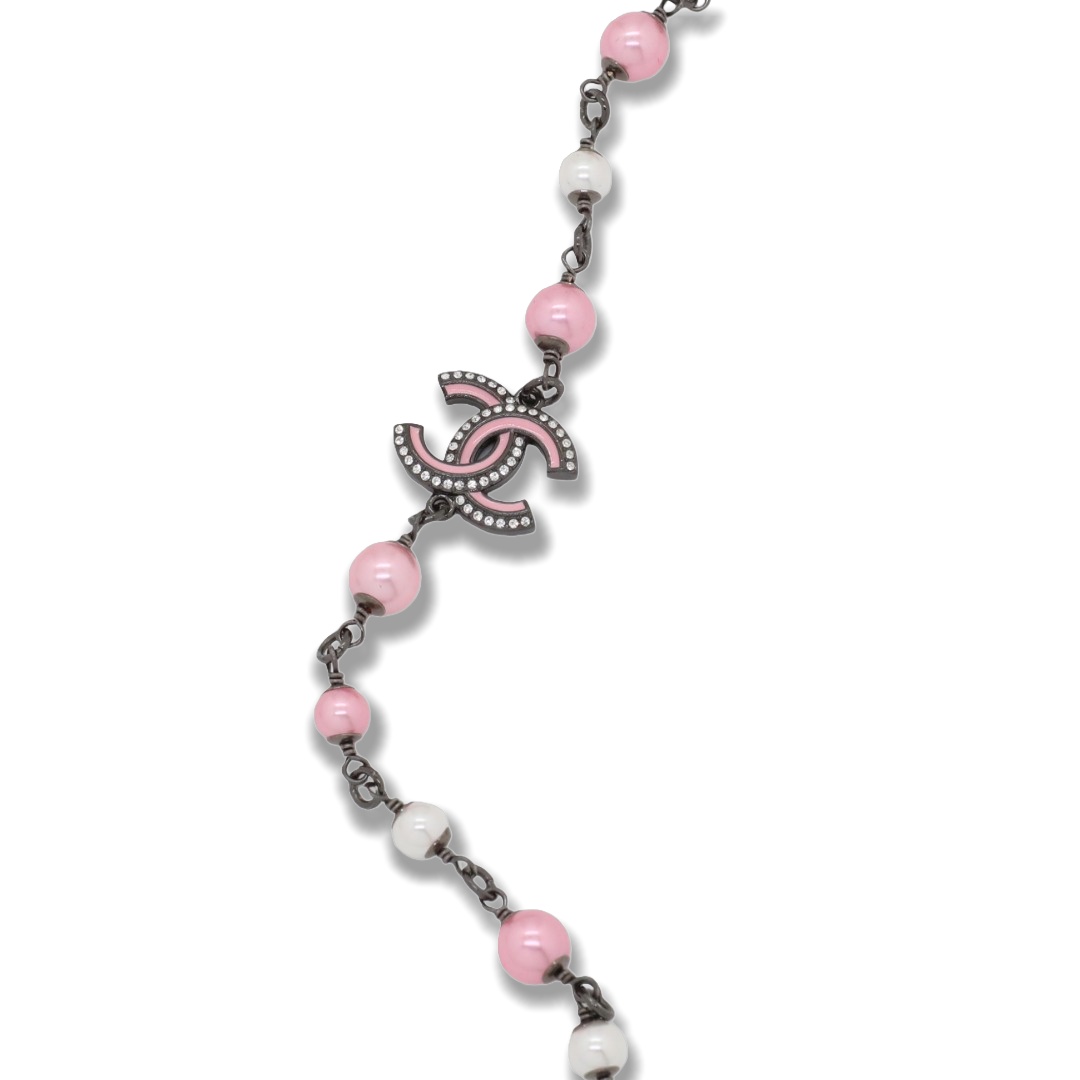 CCL103 Chanel Black chain with pink enamel bow charms long sweater necklace for women - ccjewelryacc