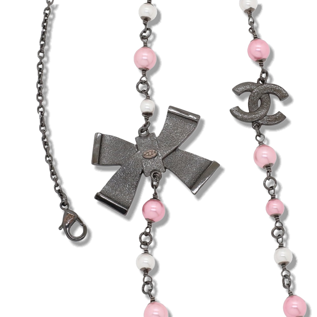 CCL103 Chanel Black chain with pink enamel bow charms long sweater necklace for women - ccjewelryacc