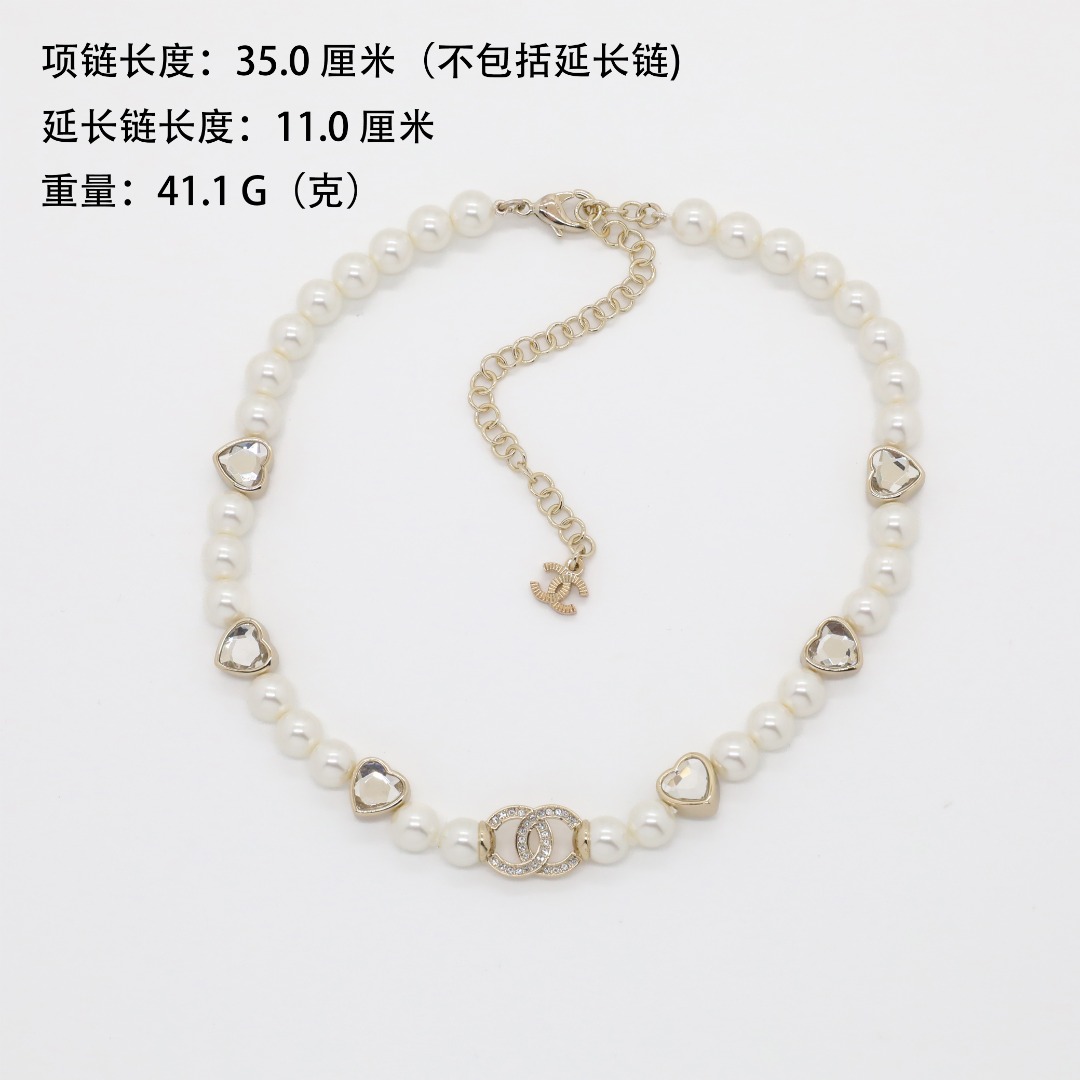CCN037 Chanel heart crystal charm pearl choker necklace - ccjewelryacc