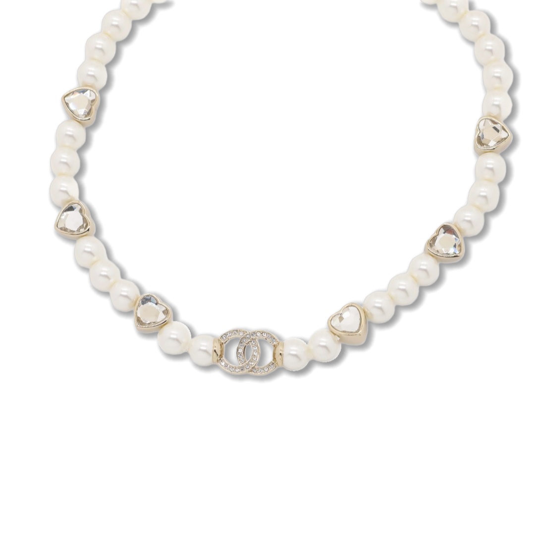 CCN037 Chanel heart crystal charm pearl choker necklace - ccjewelryacc