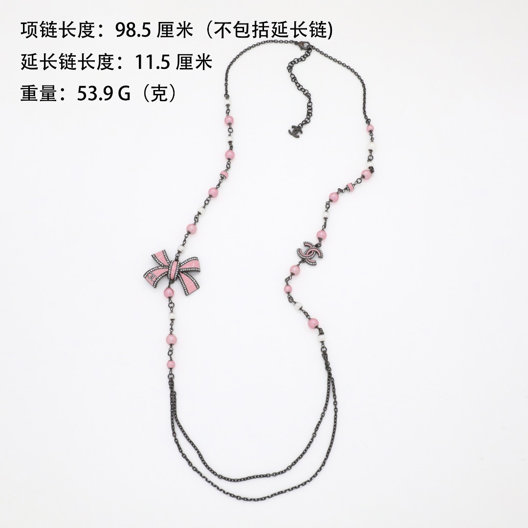 CCL103 Chanel Black chain with pink enamel bow charms long sweater necklace for women - ccjewelryacc