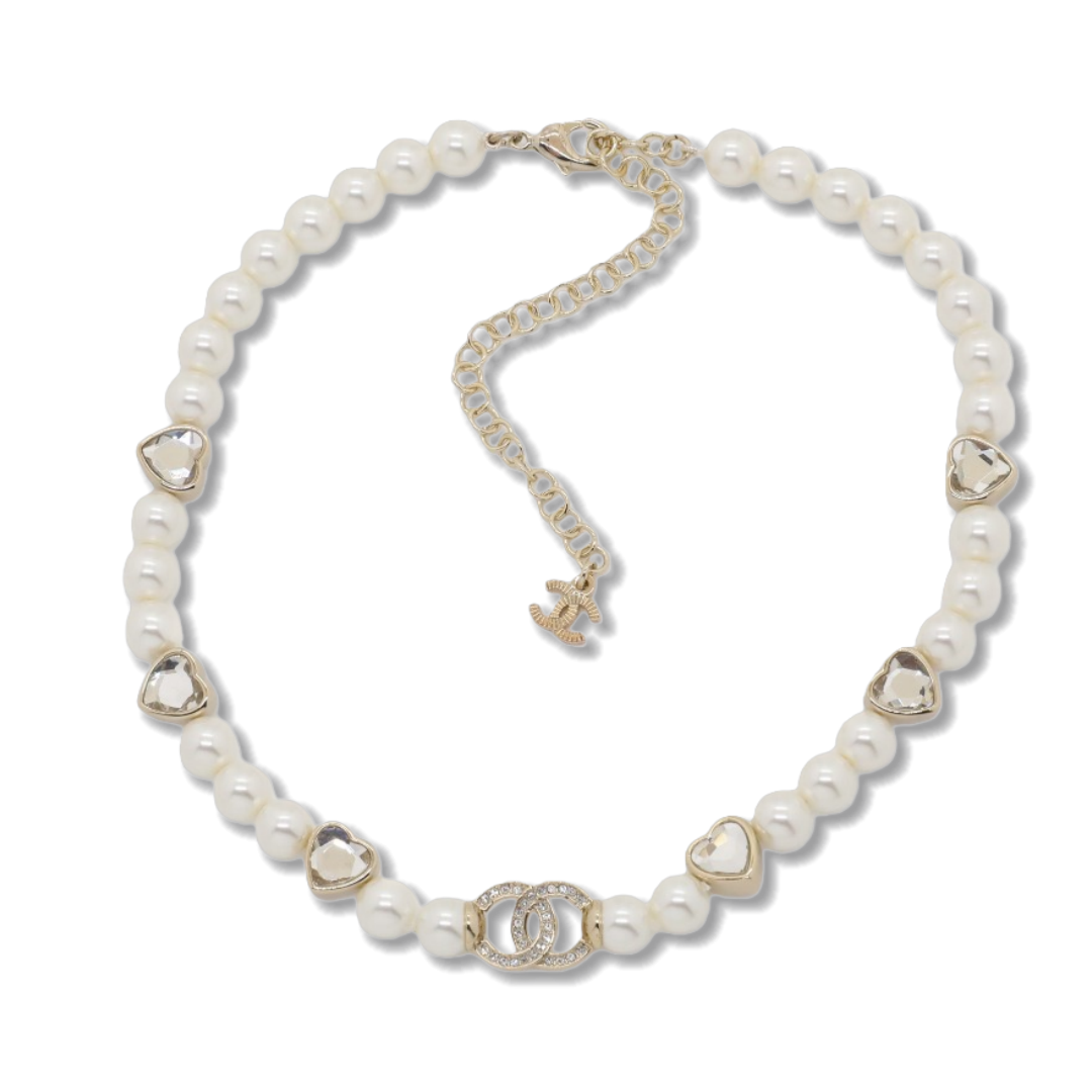 CCN037 Chanel heart crystal charm pearl choker necklace - ccjewelryacc