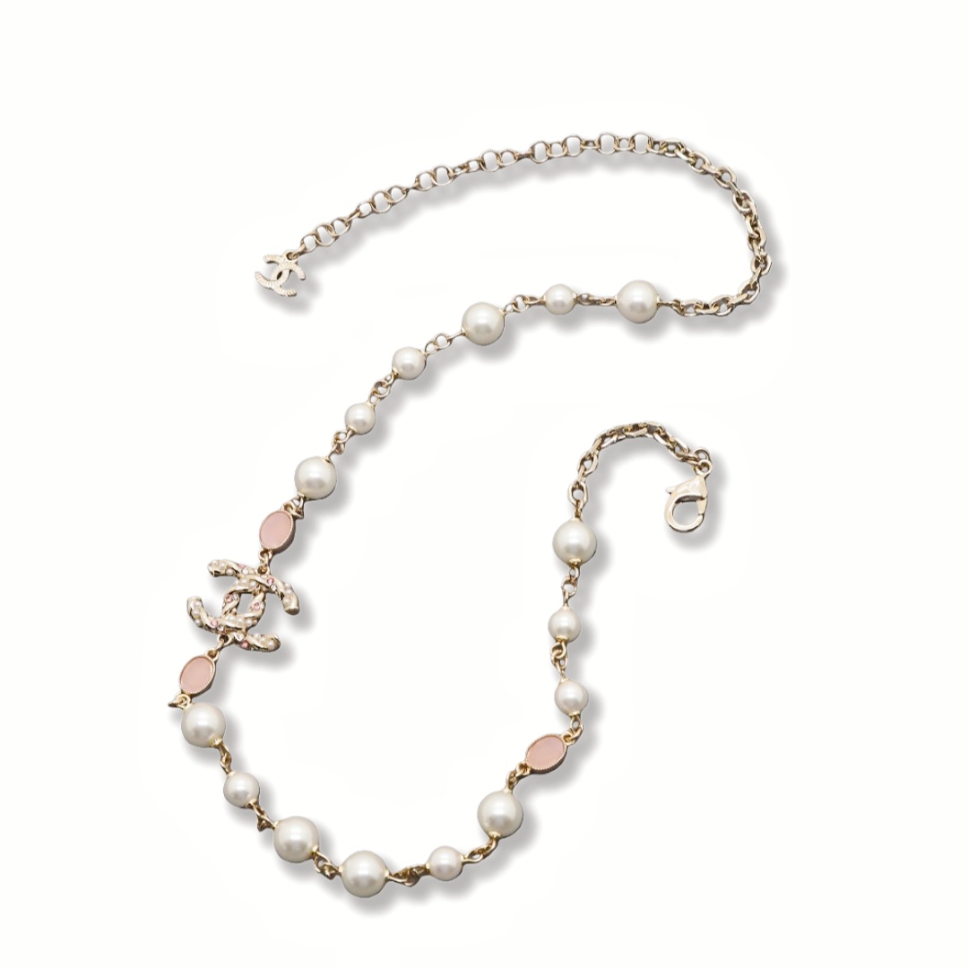 CCN092 Chanel twist cc logo with Pink crystal pearl choker necklace - ccjewelryacc