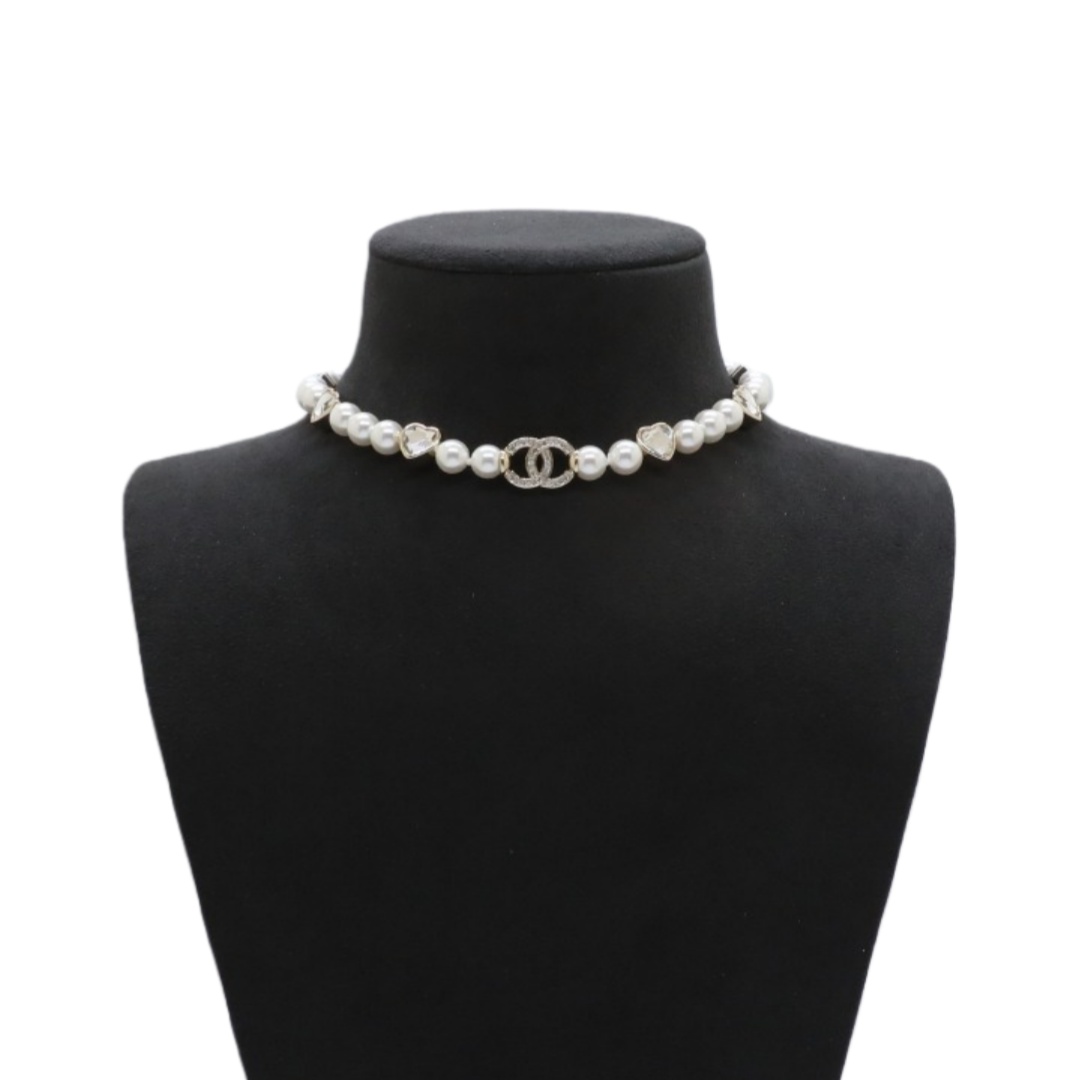 CCN037 Chanel heart crystal charm pearl choker necklace - ccjewelryacc