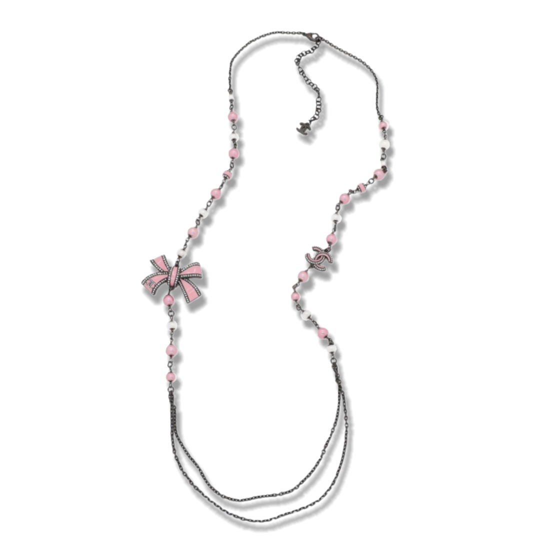 CCL103 Chanel Black chain with pink enamel bow charms long sweater necklace for women - ccjewelryacc
