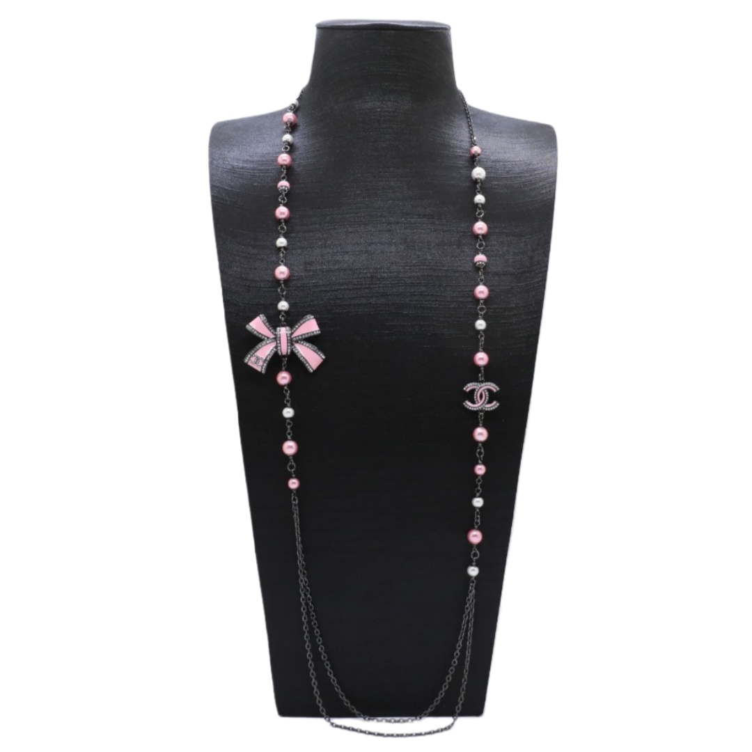 CCL103 Chanel Black chain with pink enamel bow charms long sweater necklace for women - ccjewelryacc