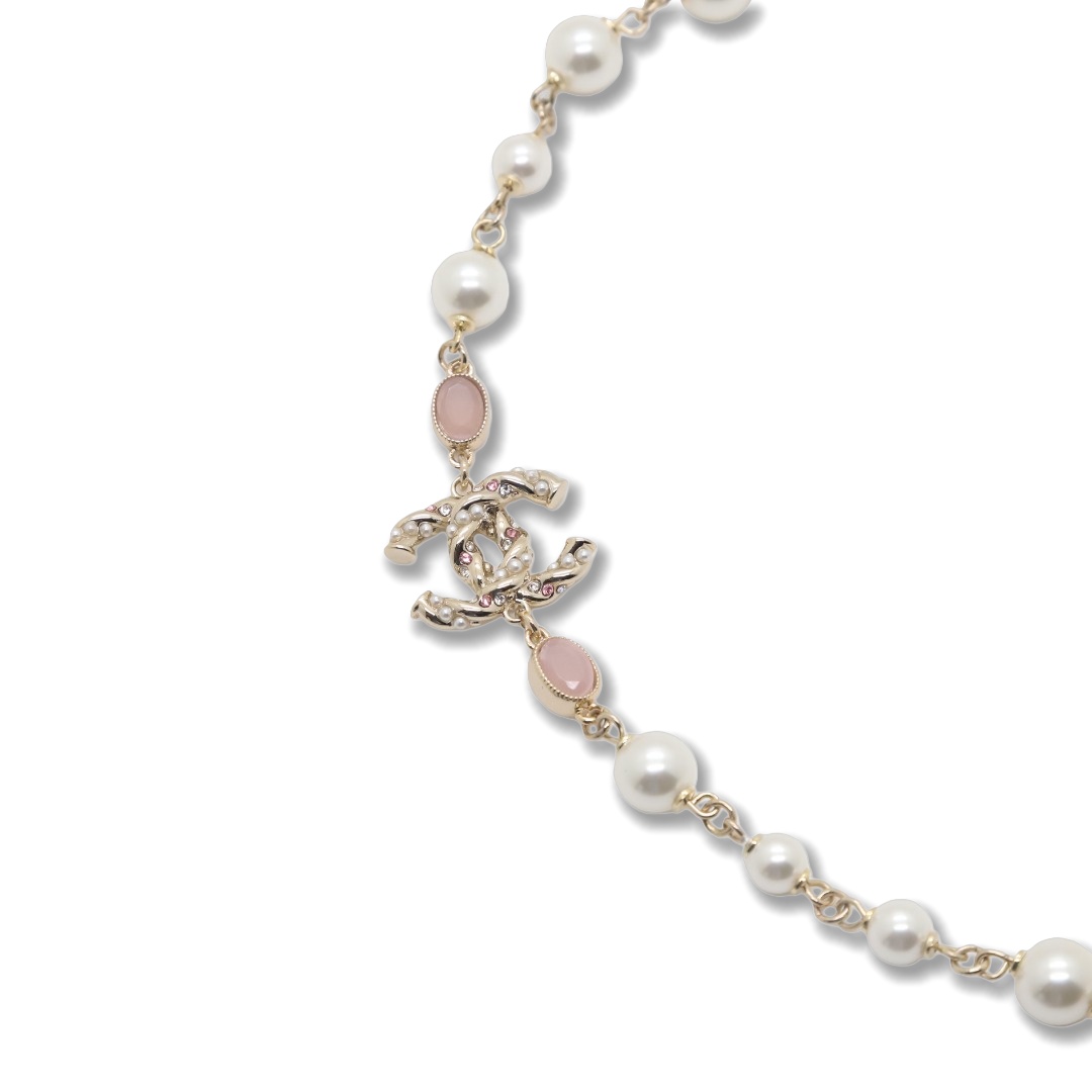 CCN092 Chanel twist cc logo with Pink crystal pearl choker necklace - ccjewelryacc