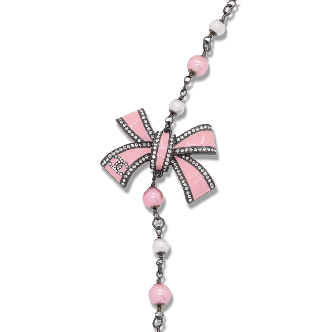 CCL103 Chanel Black chain with pink enamel bow charms long sweater necklace for women - ccjewelryacc