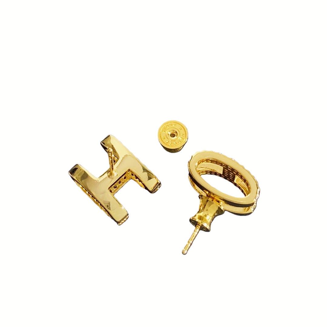 HME002 Sparkling Diamond Hermes H stud earrings - ccjewelryacc