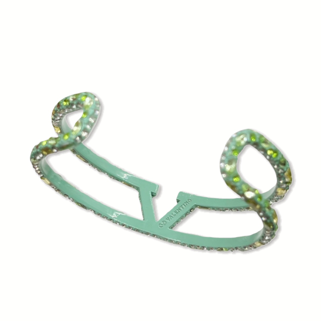 VTS006 Valentino Garavani Vlogo Signature Green Gold Rhinestone Cuff Bracelet - ccjewelryacc