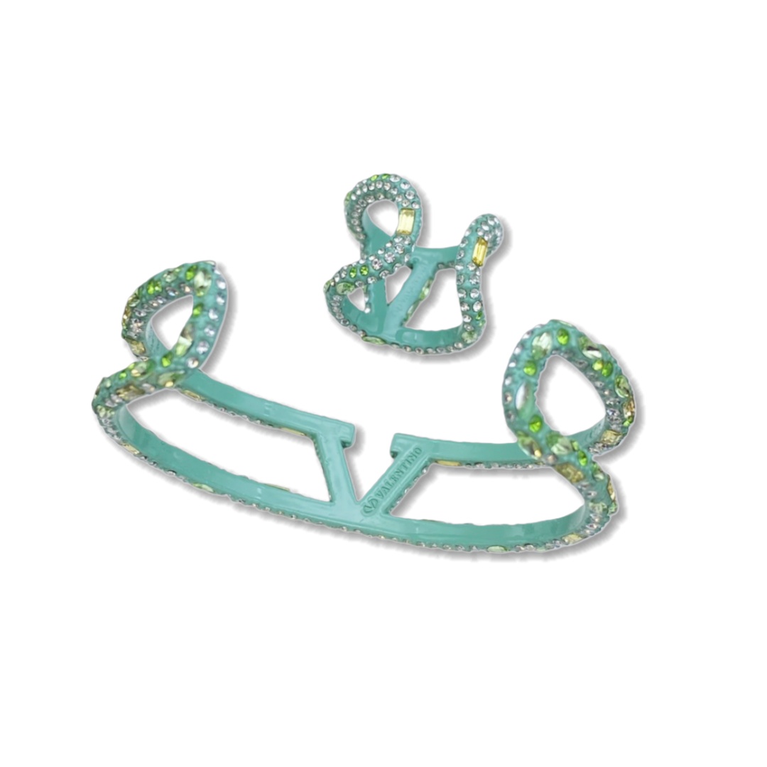 VTS006 Valentino Garavani Vlogo Signature Green Gold Rhinestone Cuff Bracelet - ccjewelryacc