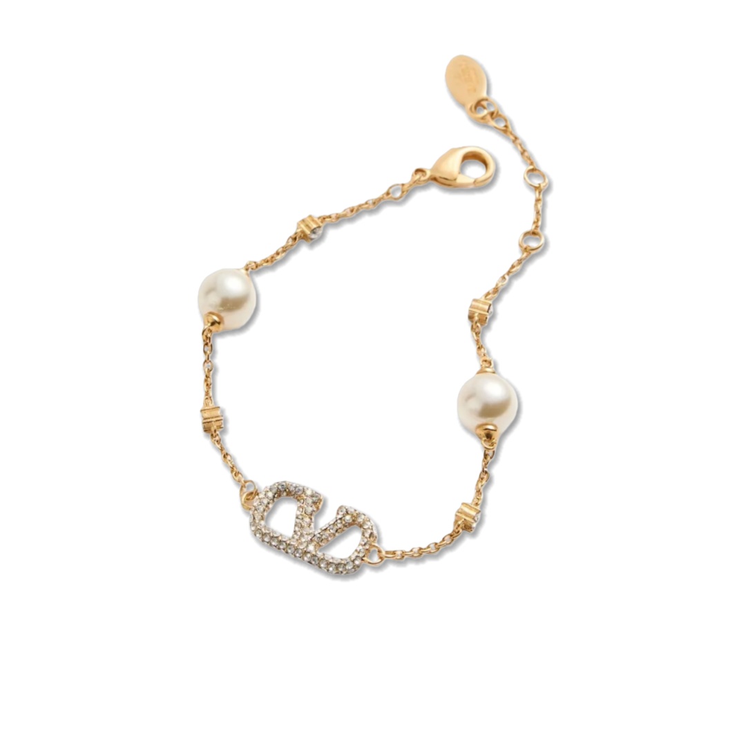 VTS034 Valentino Garavani Embellished VLogo and Faux Pearl Bracelet - ccjewelryacc