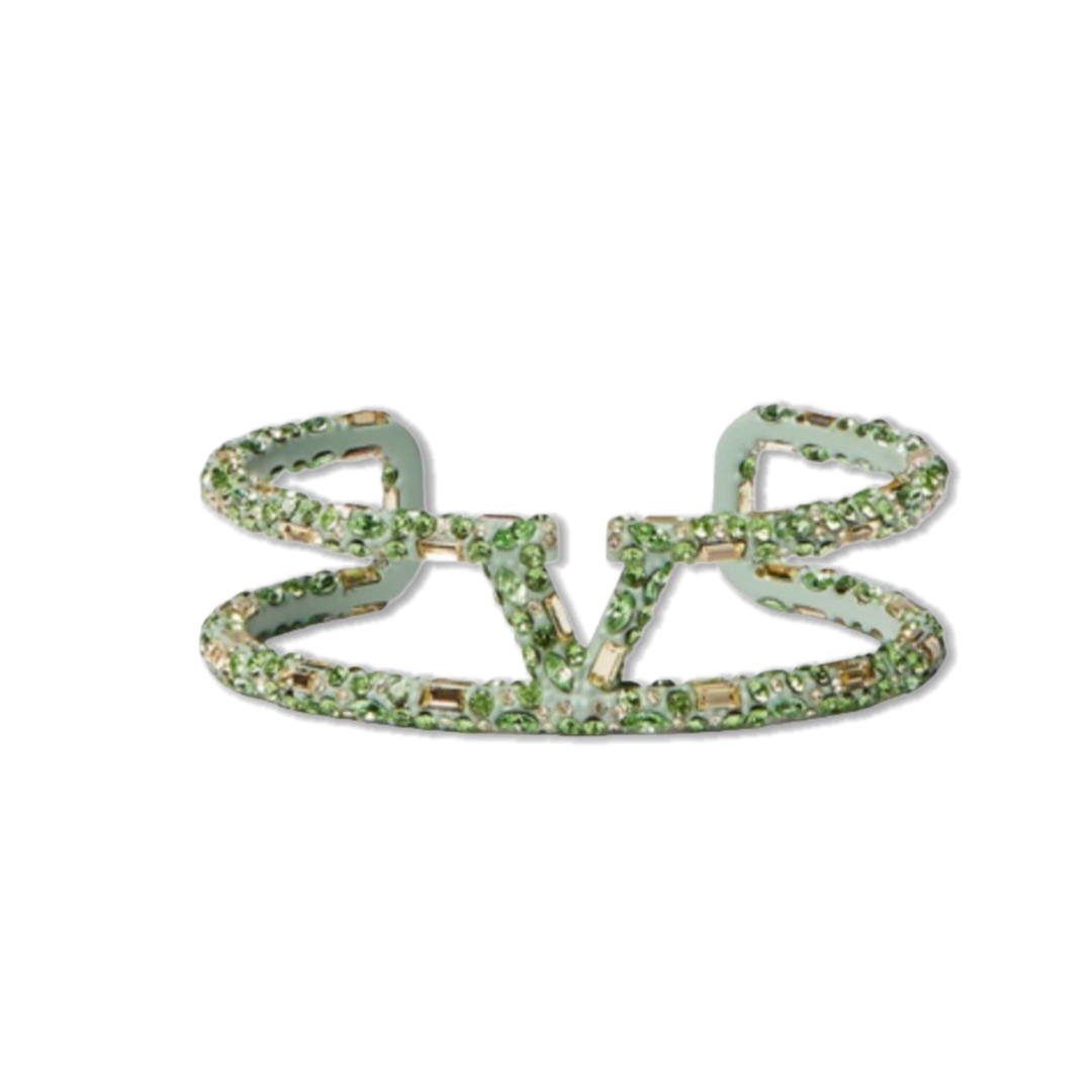 VTS006 Valentino Garavani Vlogo Signature Green Gold Rhinestone Cuff Bracelet - ccjewelryacc