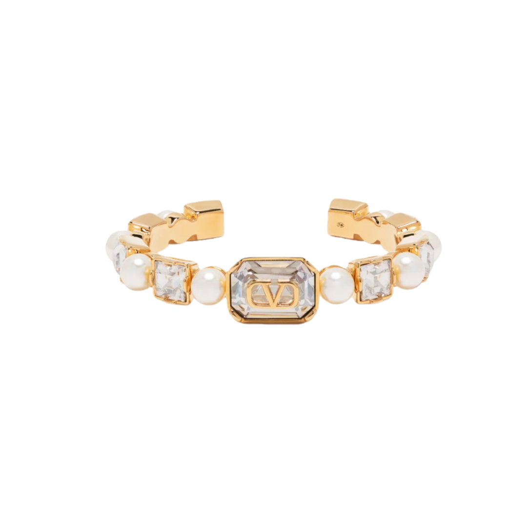 VTS015 Valentino Garavani Vlogo Crystal & Imitation Pearl Bangle Bracelet In Gold - ccjewelryacc