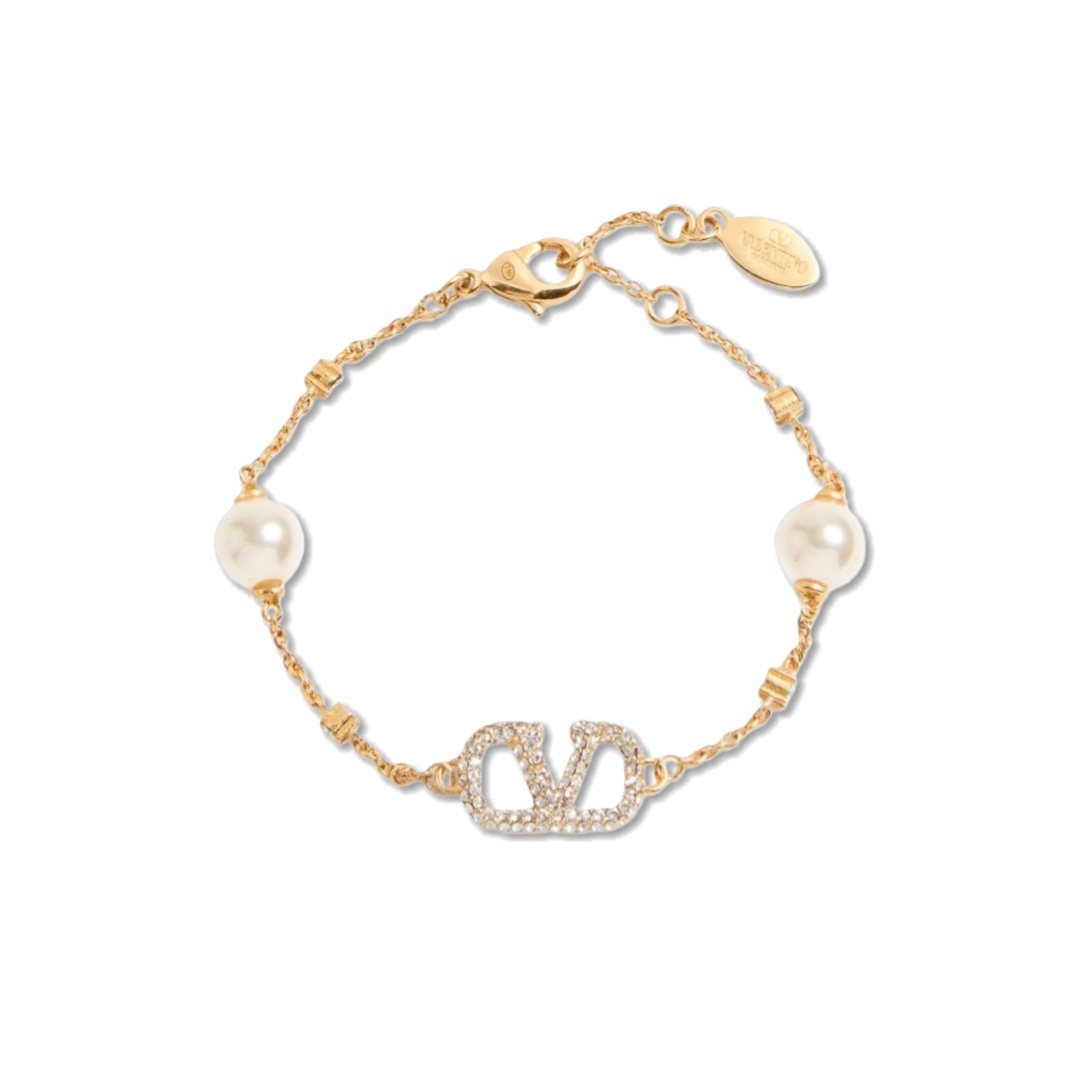 VTS034 Valentino Garavani Embellished VLogo and Faux Pearl Bracelet - ccjewelryacc