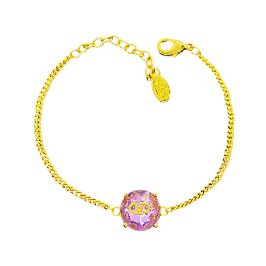 VTS011 V logo Bracelet link chain with big round zircon crystal - ccjewelryacc