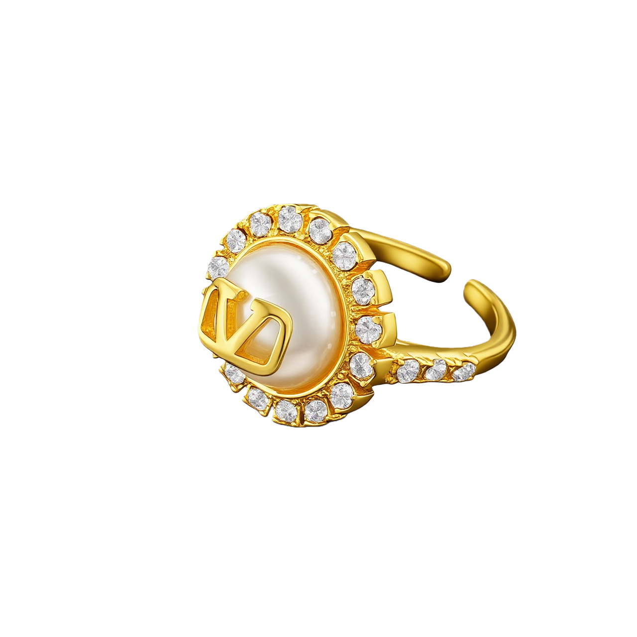 VTR008 VALENTINO GARAVANI Vlogo Signature Crystal Pearl Ring In Gold - ccjewelryacc