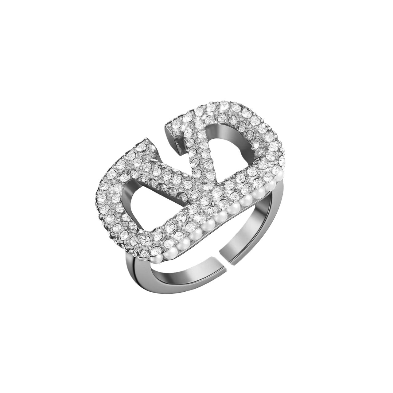 VTR022 Valentino Garavani Gold and crystal Pearl VLogo Ring - ccjewelryacc