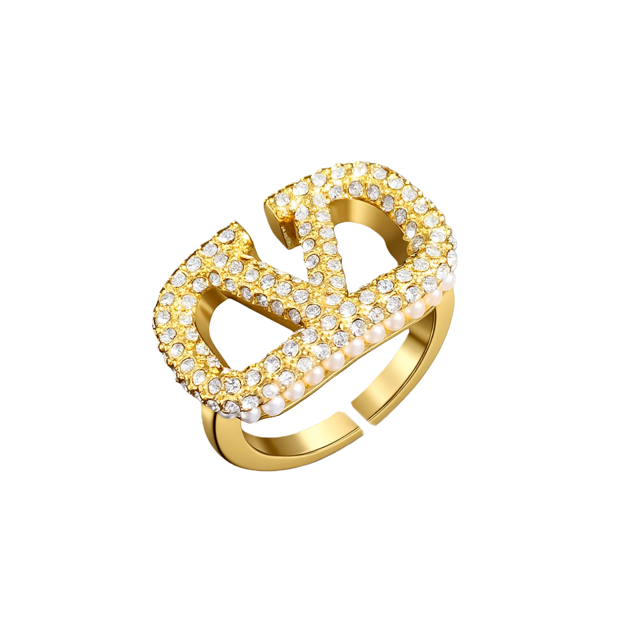 VTR022 Valentino Garavani Gold and crystal Pearl VLogo Ring - ccjewelryacc
