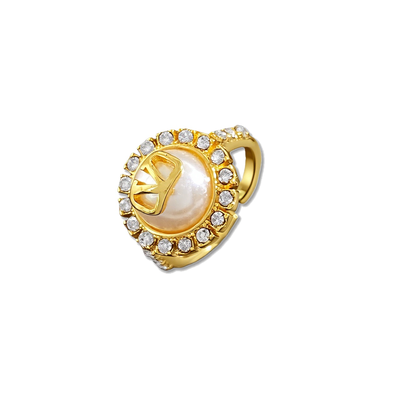 VTR008 VALENTINO GARAVANI Vlogo Signature Crystal Pearl Ring In Gold - ccjewelryacc