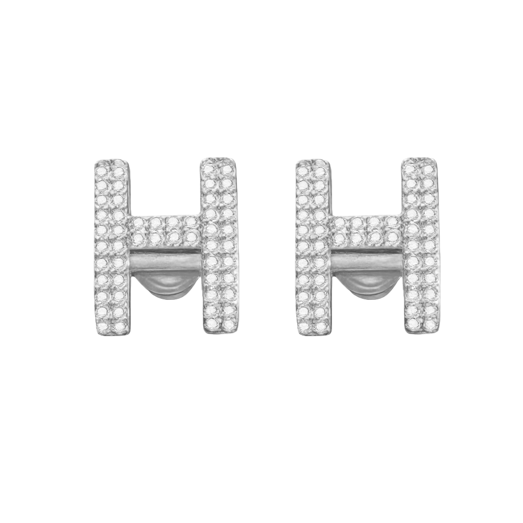 HME002 Sparkling Diamond Hermes H stud earrings - ccjewelryacc