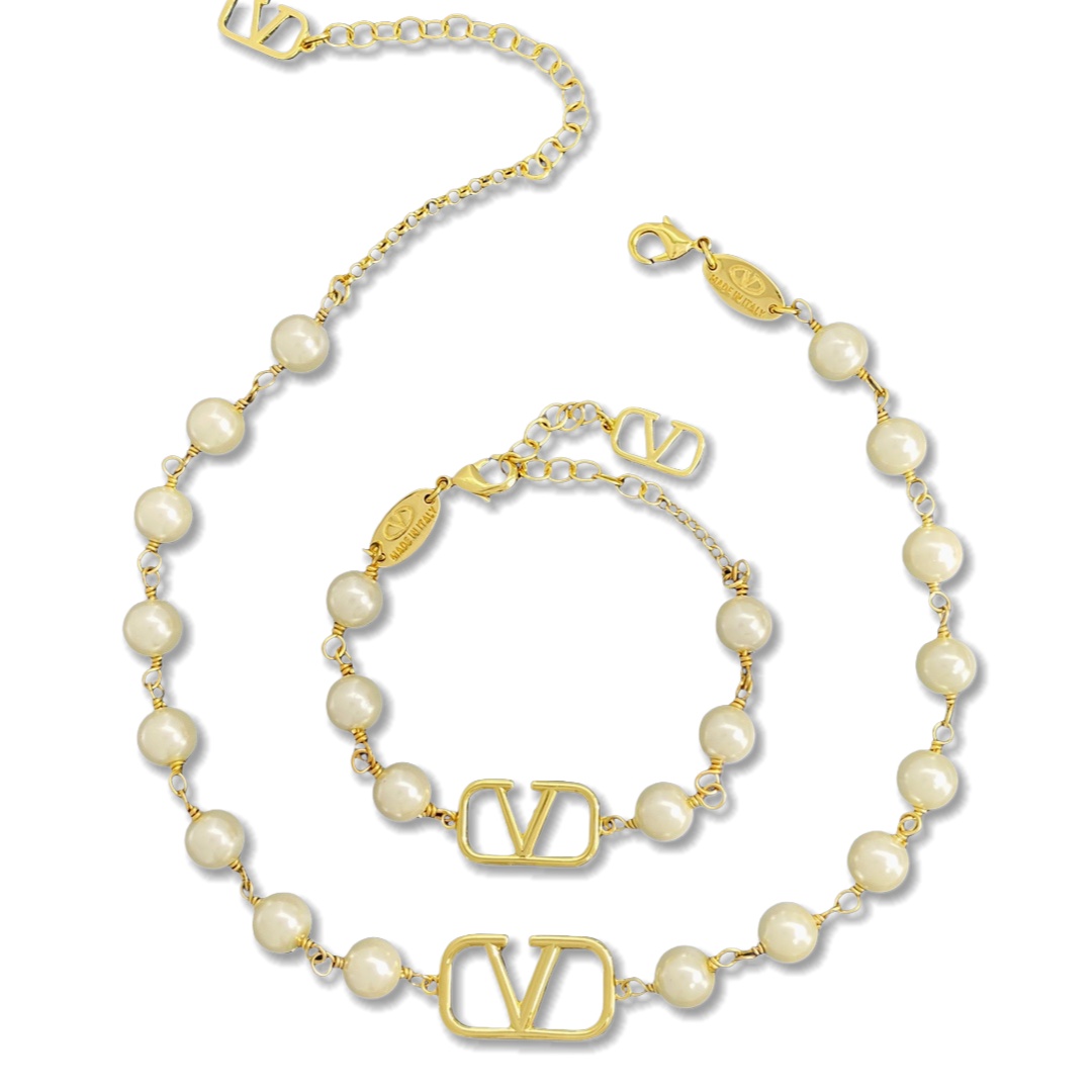 VTN036 Valentino Garavani VLogo Signature pearl choker necklace bracelet earrins - ccjewelryacc