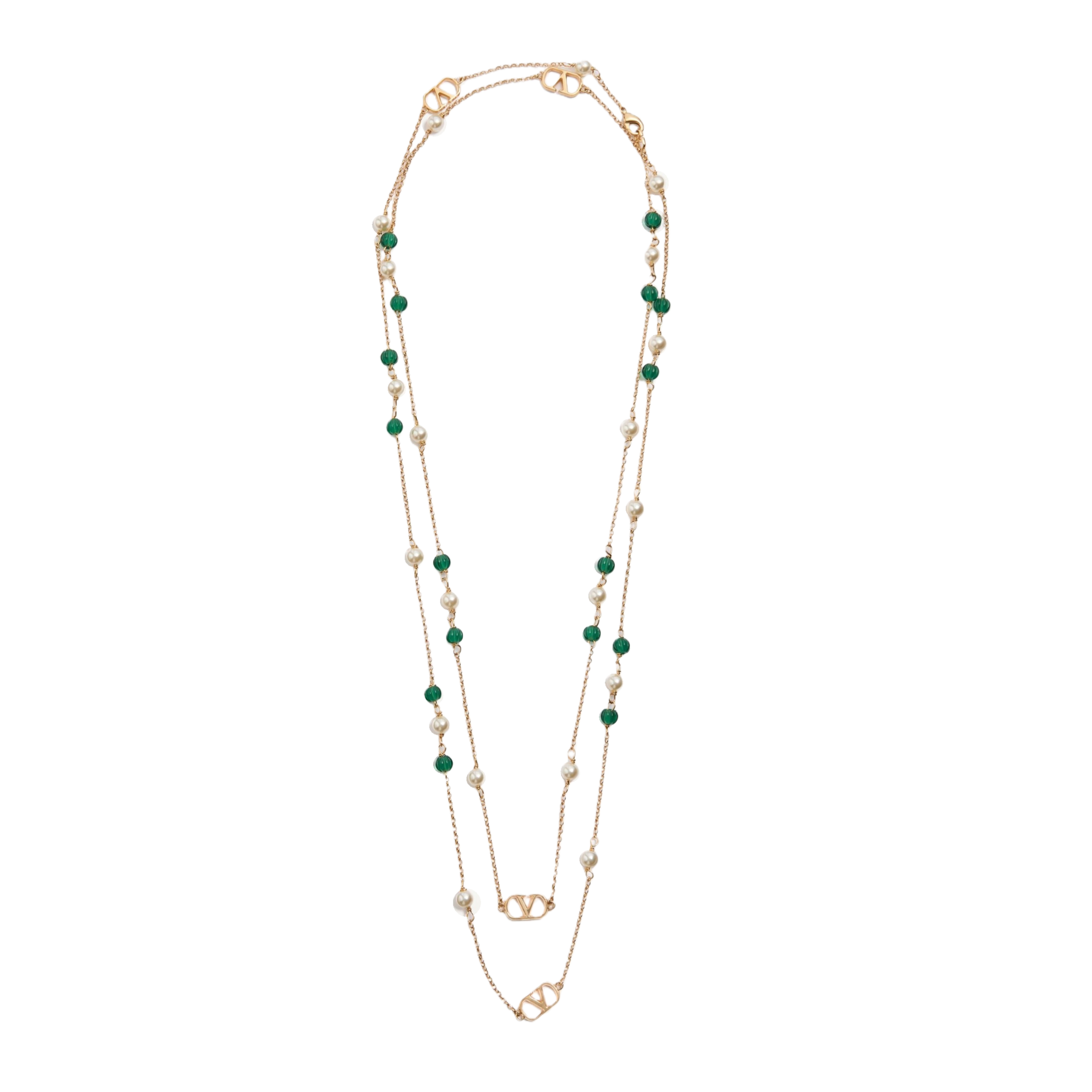 VTN009 Vlogo Signature Long Necklace In Metal, Pearls And Knurled Glass - ccjewelryacc