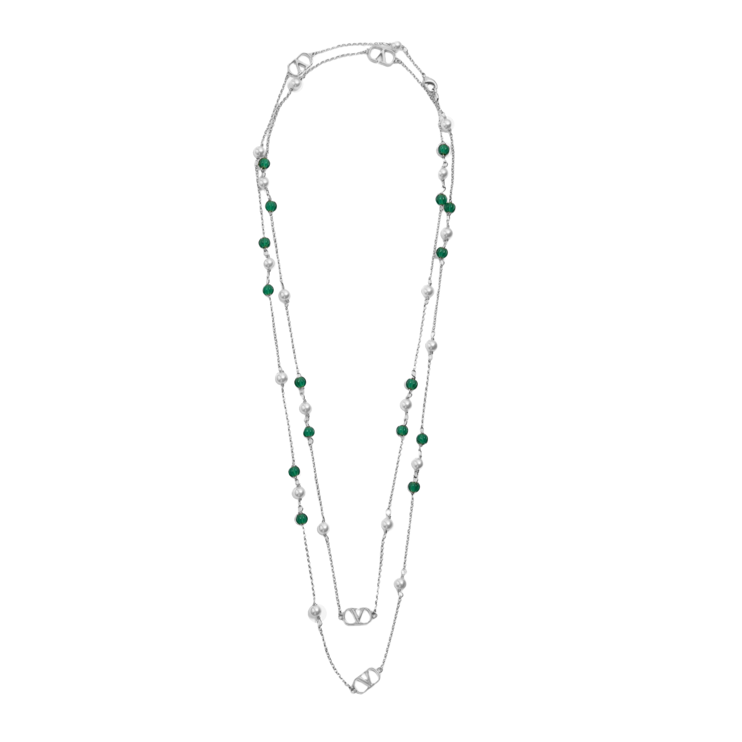VTN009 Vlogo Signature Long Necklace In Metal, Pearls And Knurled Glass - ccjewelryacc