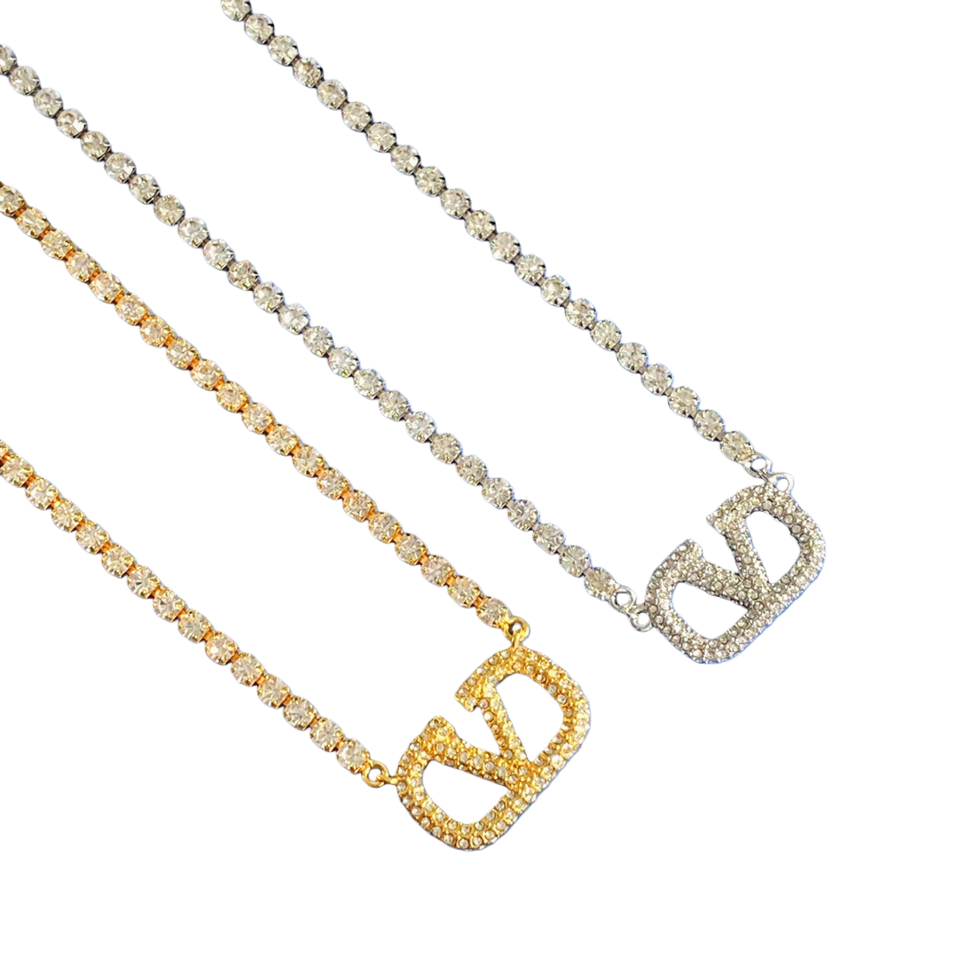 VTN030 Valentino Garavani VLogo Signature crystal tennis choker Necklace - ccjewelryacc