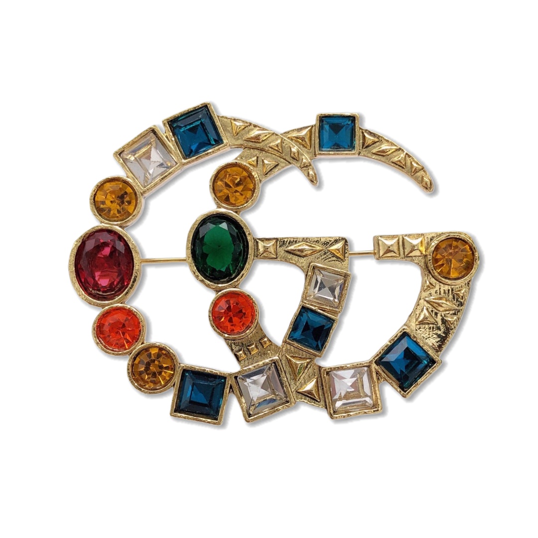 GGB014 Coloured gemstone GG Logo brooch pin - ccjewelryacc