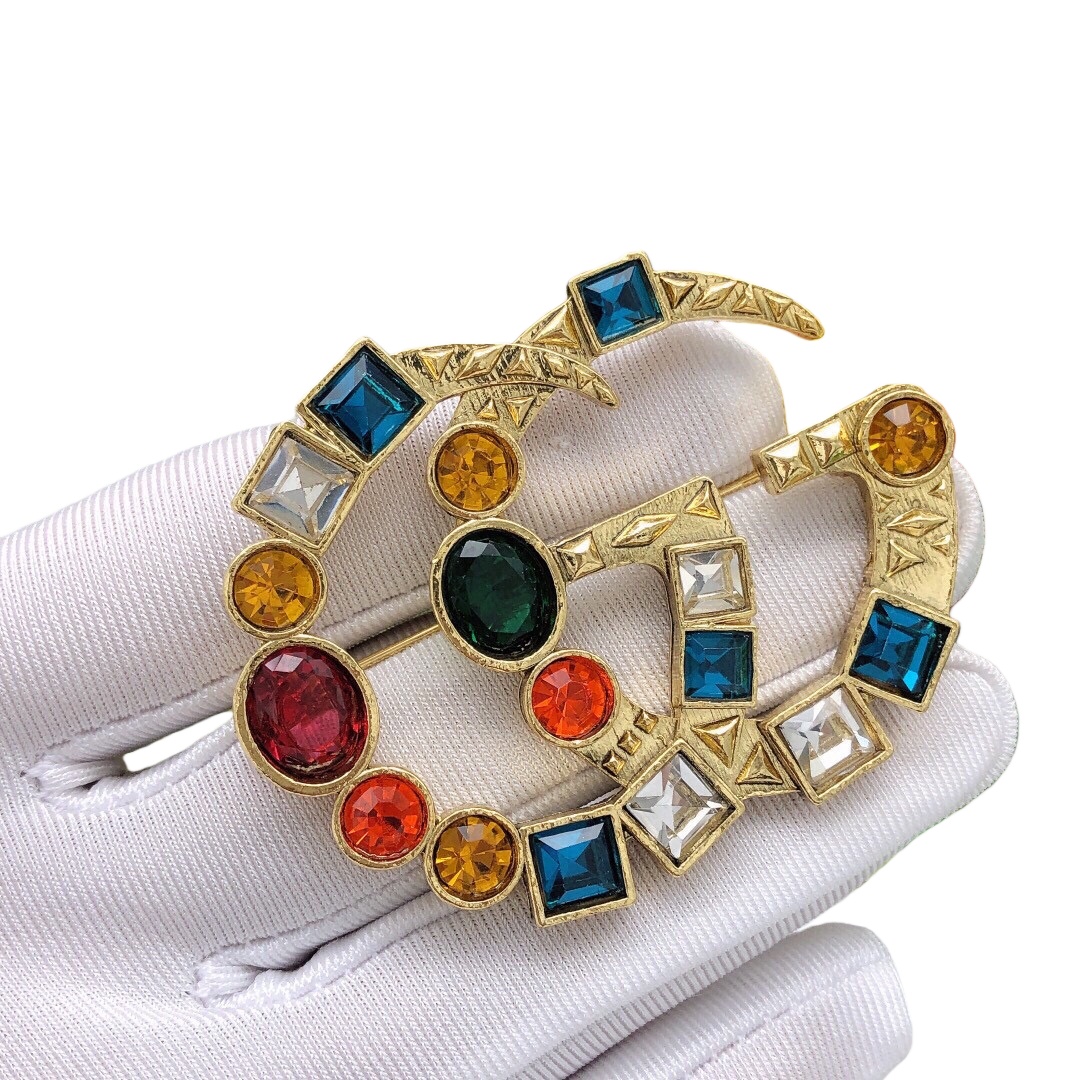 GGB014 Coloured gemstone GG Logo brooch pin - ccjewelryacc