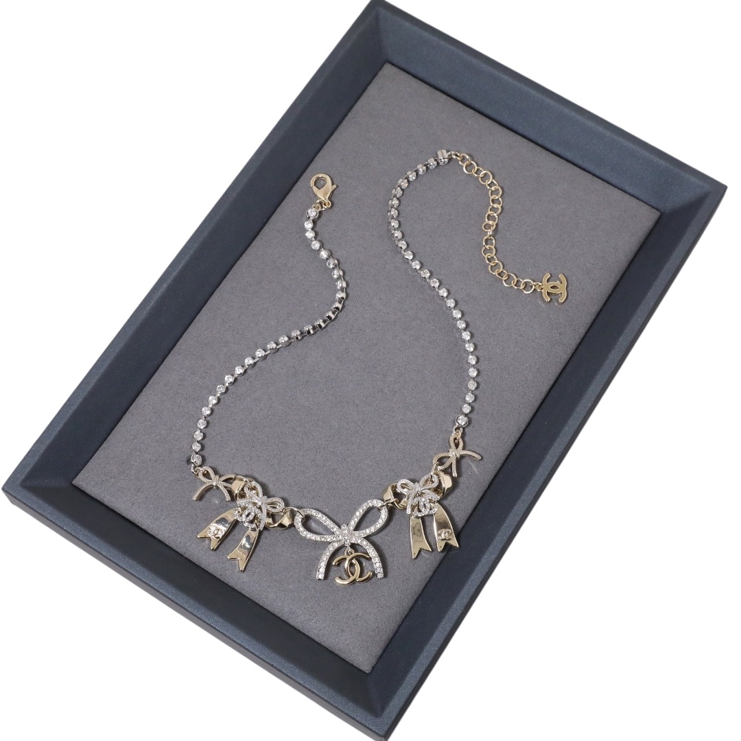 CCN086 Chanel crystal tennis necklace with bow charms - ccjewelryacc