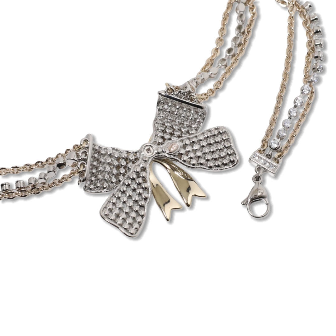 CCN090 Chanel Gold Silver bow pendant multideck choker necklace - ccjewelryacc