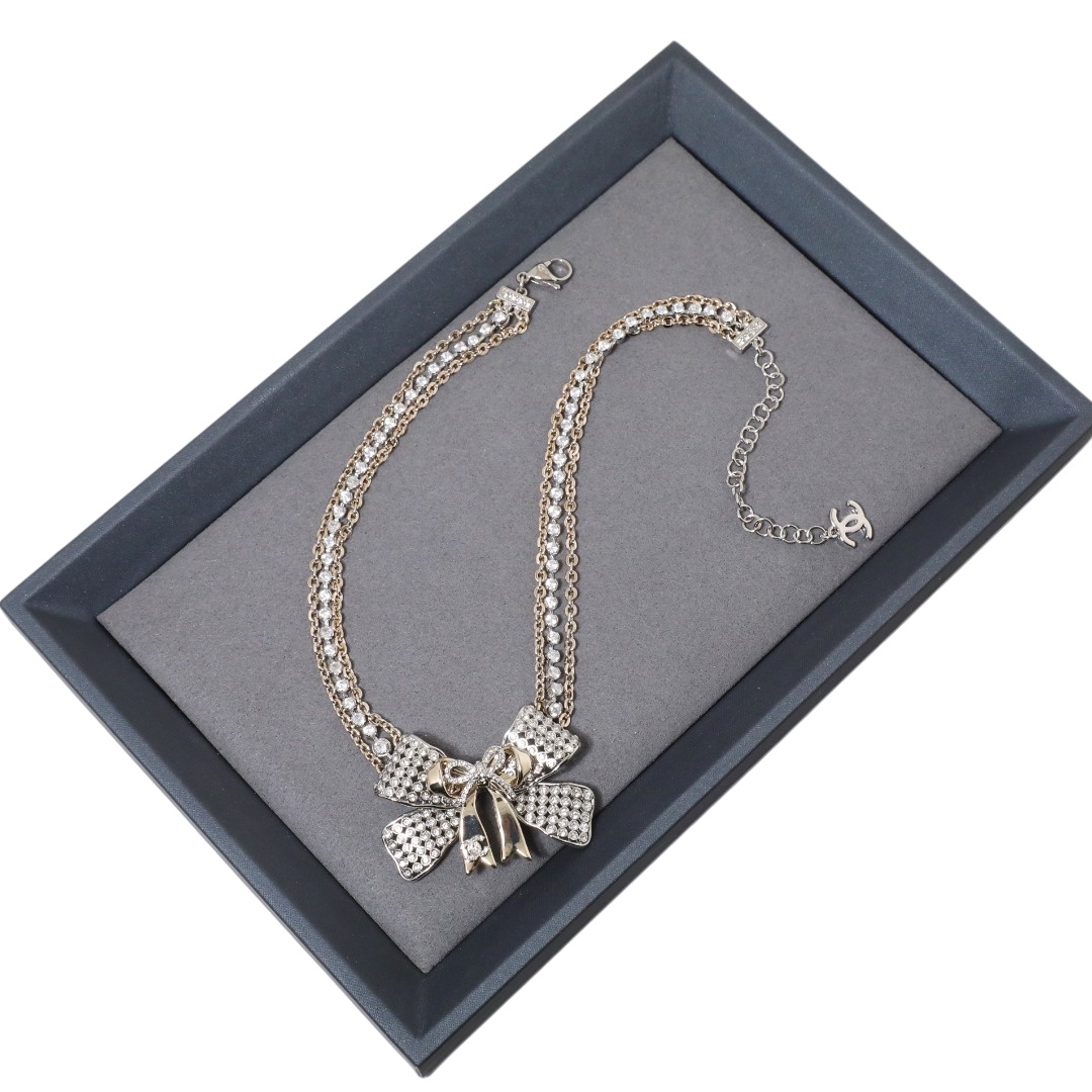 CCN090 Chanel Gold Silver bow pendant multideck choker necklace - ccjewelryacc