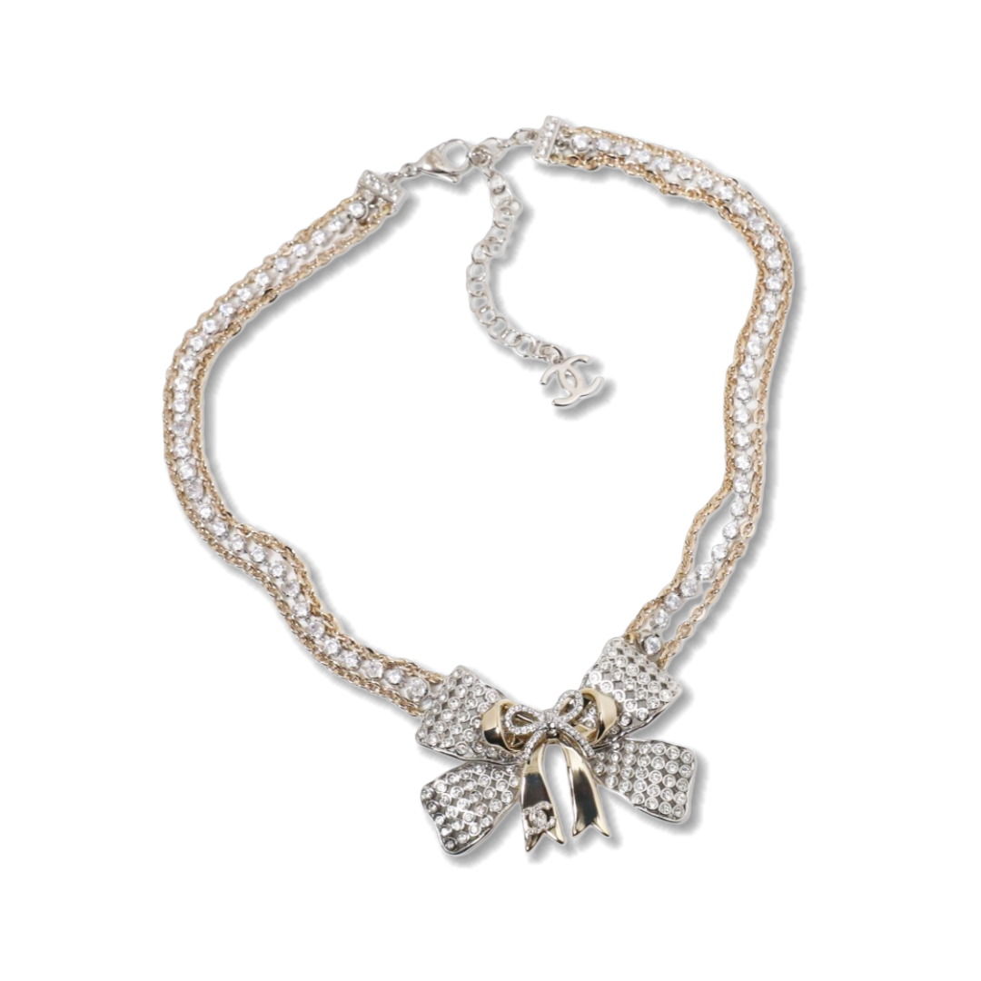 CCN090 Chanel Gold Silver bow pendant multideck choker necklace - ccjewelryacc